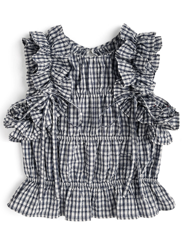 チェック柄フリルノースリーブトップス
