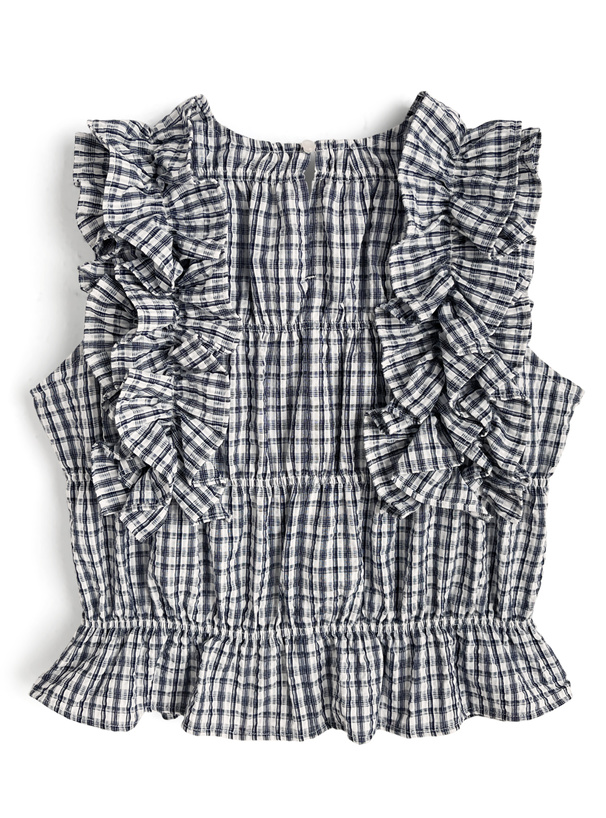 チェック柄フリルノースリーブトップス