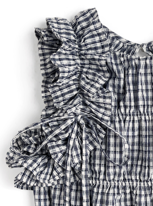 チェック柄フリルノースリーブトップス