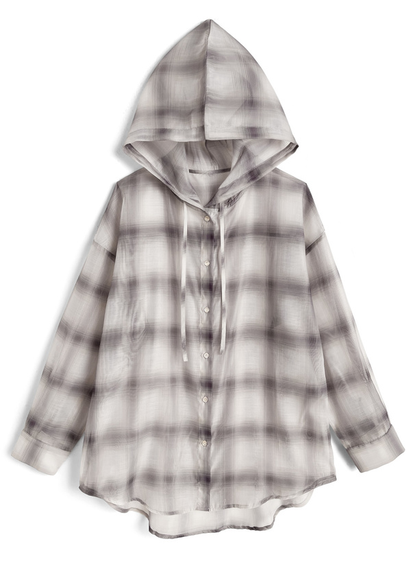 フード付きチェック柄シアーシャツ[pp268]