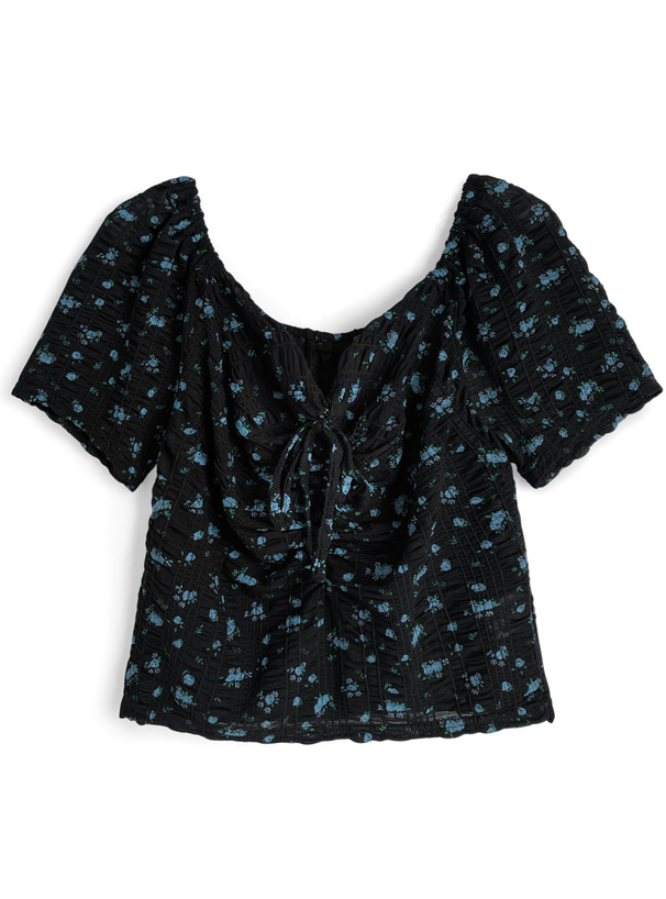 小花柄ギャザーリボンシアートップス