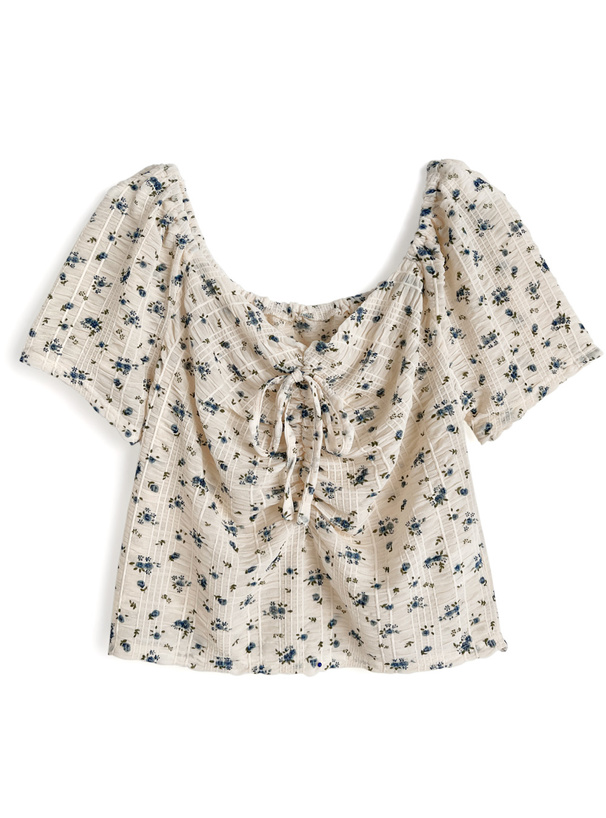 小花柄ギャザーリボンシアートップス