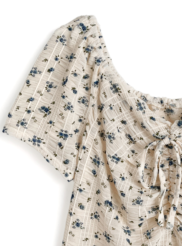 小花柄ギャザーリボンシアートップス