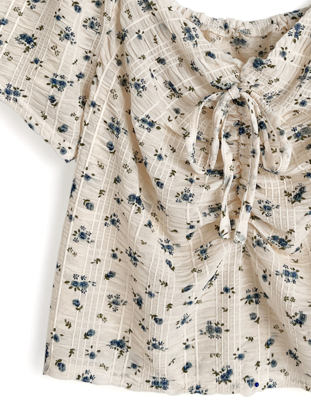 小花柄ギャザーリボンシアートップス