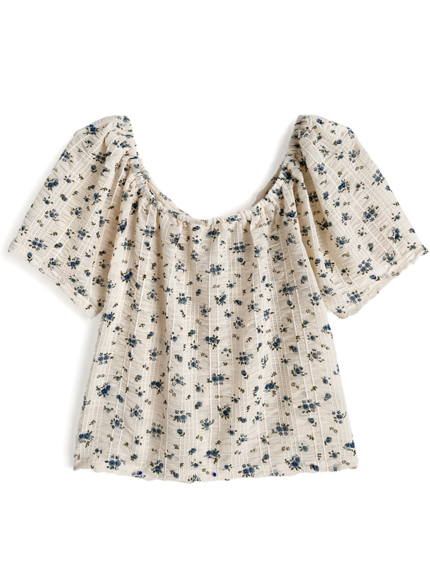 小花柄ギャザーリボンシアートップス