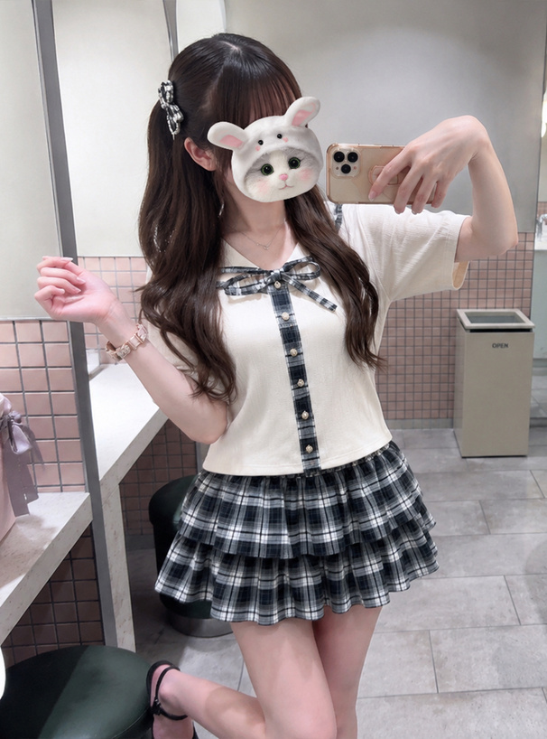 チェック柄リボントップス×ティアードミニスカートセットアップ