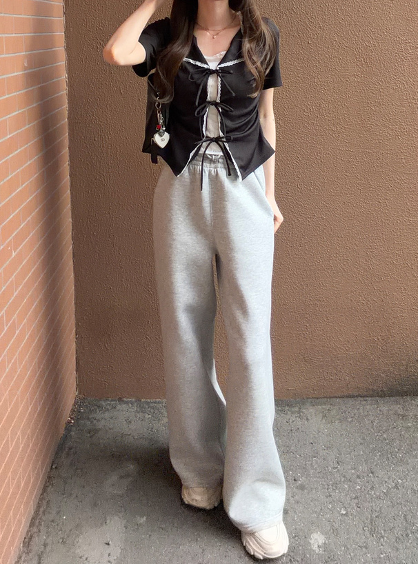 レースレイヤード風オープンカラーリボンリブトップス