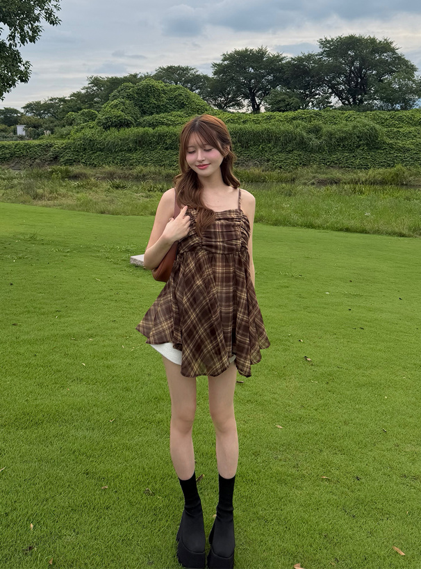 チェック柄シアーイレヘムキャミソールトップス