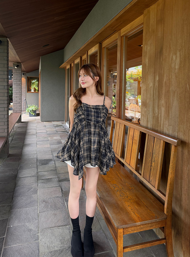 チェック柄シアーイレヘムキャミソールトップス