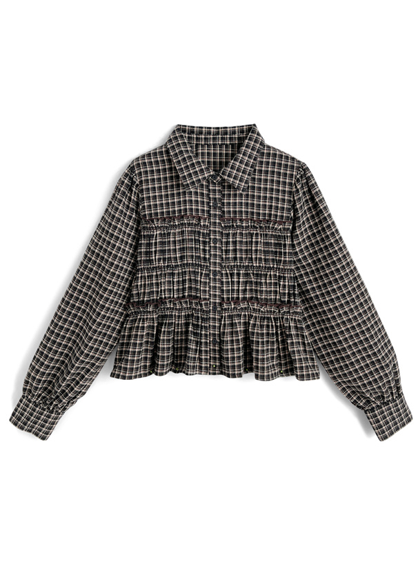チェック柄シャーリングフリルシャツ