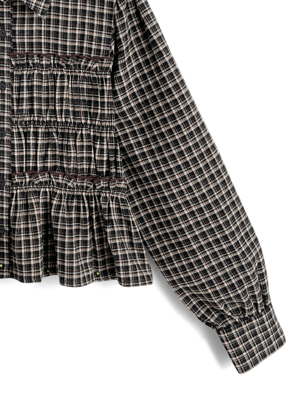 チェック柄シャーリングフリルシャツ