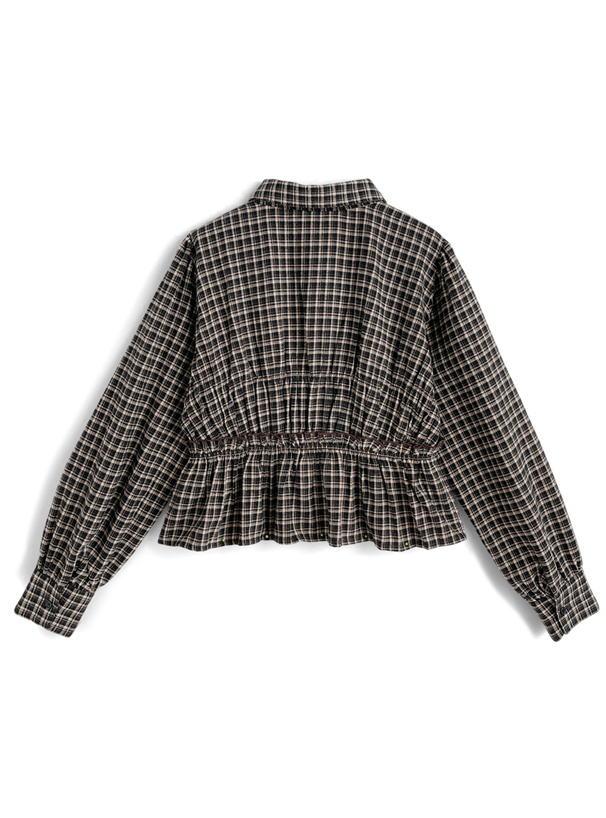 チェック柄シャーリングフリルシャツ