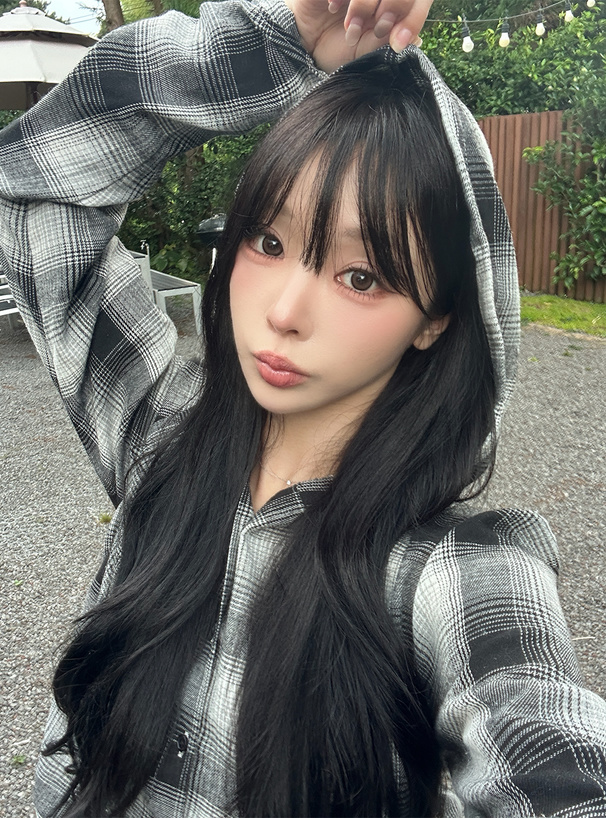 フード付きチェック柄サイドドロストシャツ