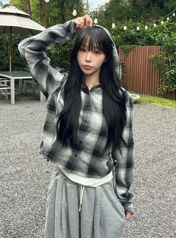 フード付きチェック柄サイドドロストシャツ