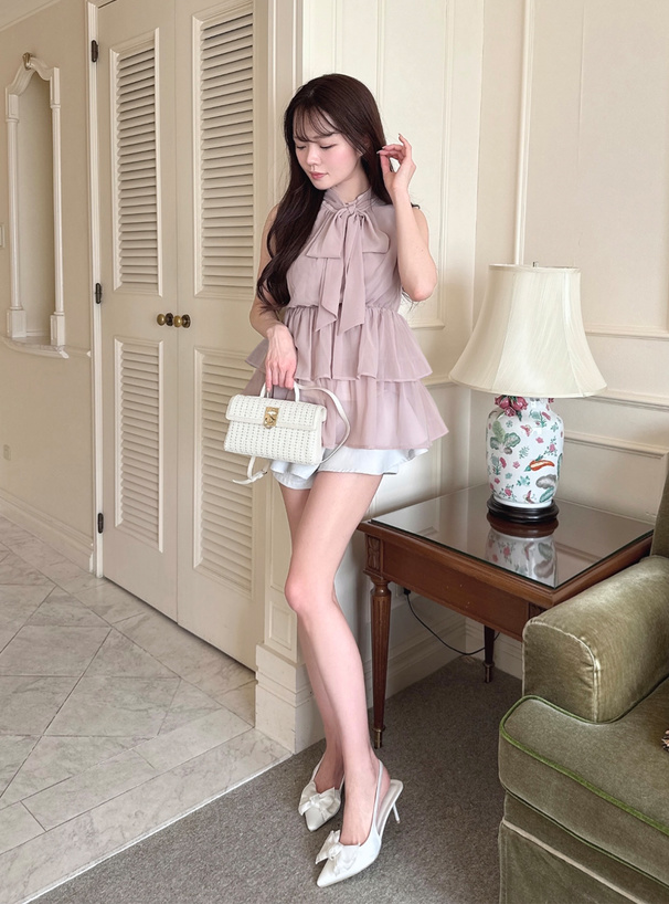 2Wayボウタイノースリーブペプラムティアードチュニック