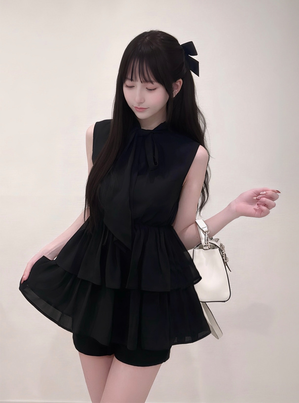 2Wayボウタイノースリーブペプラムティアードチュニック