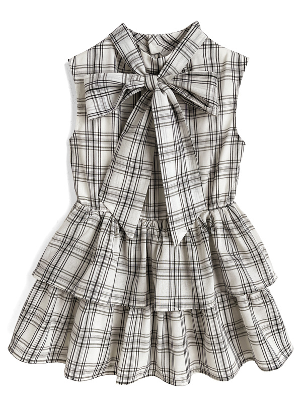 2Wayチェック柄ボウタイノースリーブペプラムティアードチュニック
