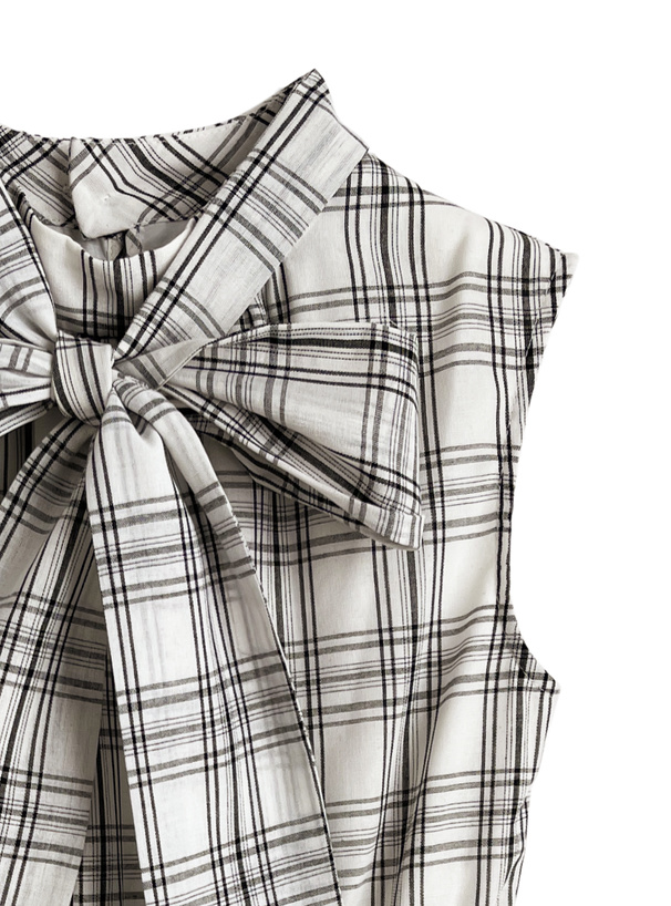 2Wayチェック柄ボウタイノースリーブペプラムティアードチュニック