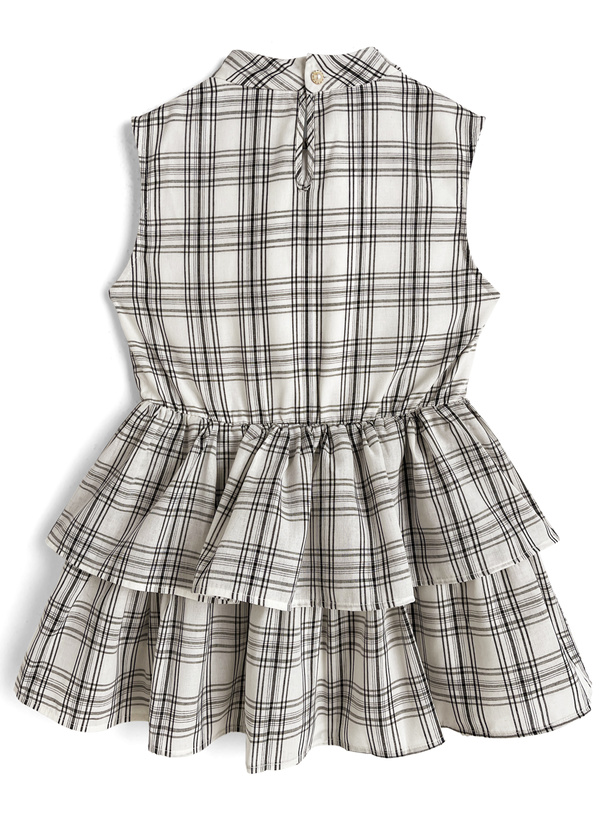 2Wayチェック柄ボウタイノースリーブペプラムティアードチュニック