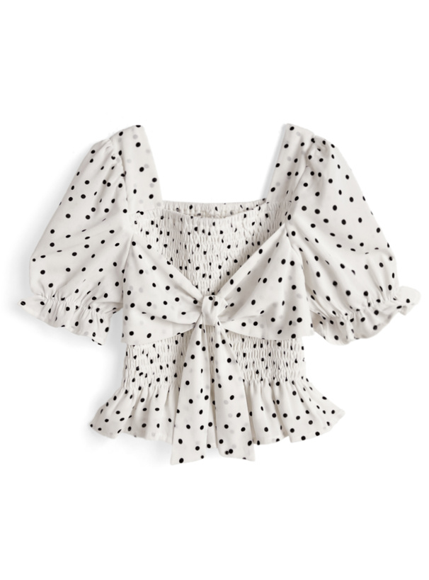 ドット柄シャーリングリボンブラウス