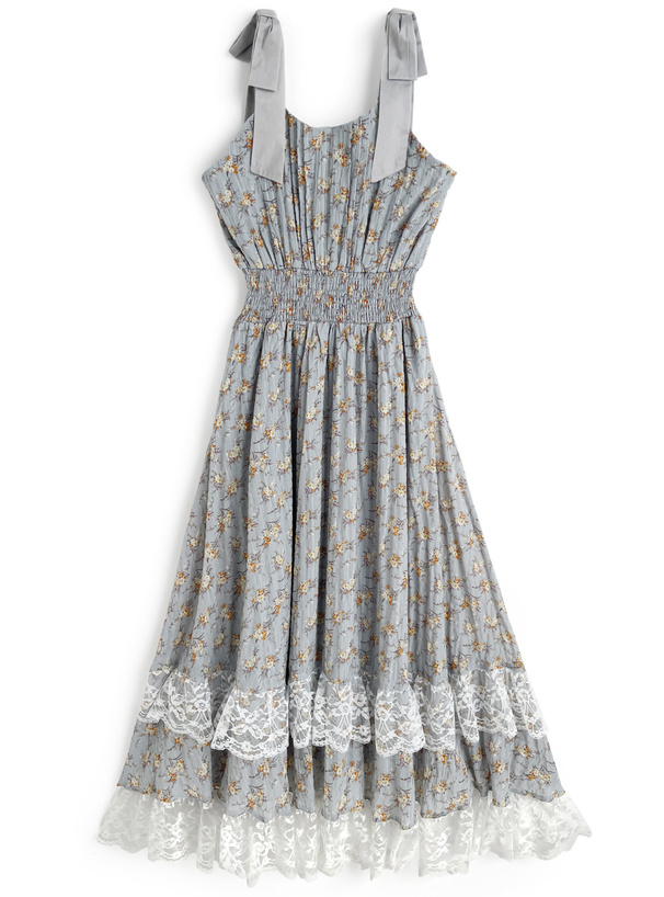 リボンショルダーレース花柄フレアワンピース[pu57]