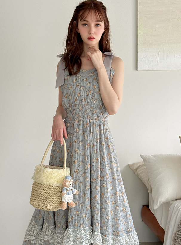 リボンショルダーレース花柄フレアワンピース[pu57