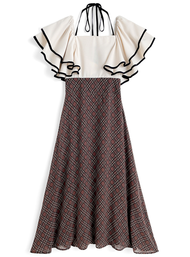 ホルターネックリボン配色フリルチェック柄ドッキングワンピース