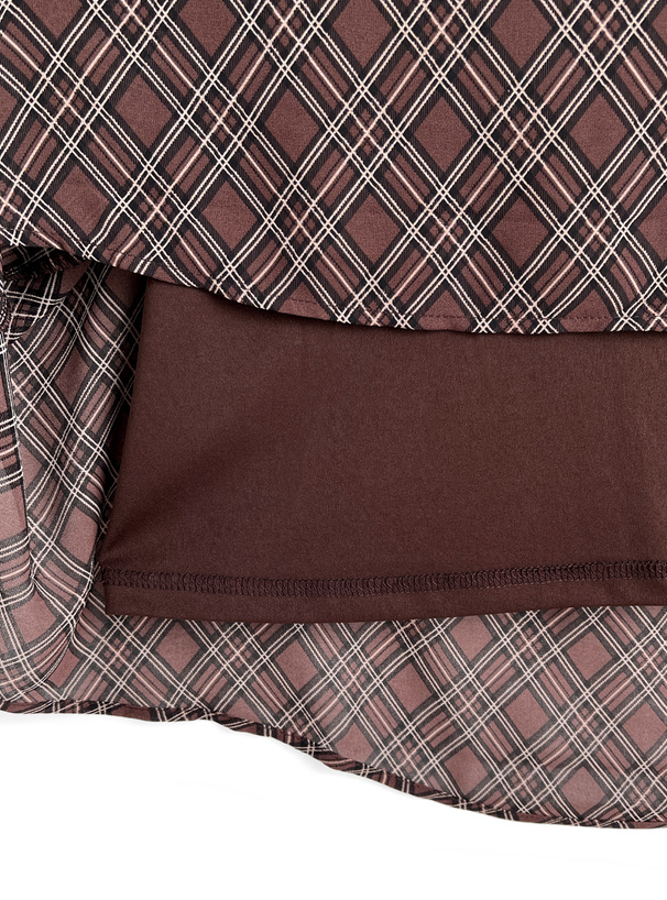 ホルターネックリボン配色フリルチェック柄ドッキングワンピース