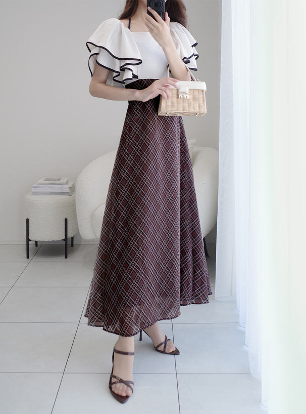 ホルターネックリボン配色フリルチェック柄ドッキングワンピース