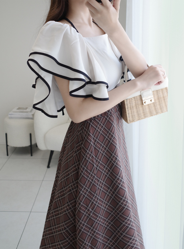 ホルターネックリボン配色フリルチェック柄ドッキングワンピース