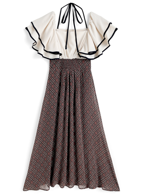 ホルターネックリボン配色フリルチェック柄ドッキングワンピース