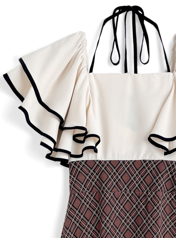 ホルターネックリボン配色フリルチェック柄ドッキングワンピース