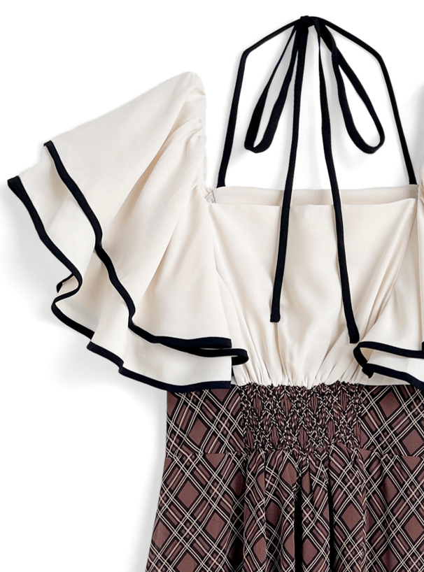 ホルターネックリボン配色フリルチェック柄ドッキングワンピース