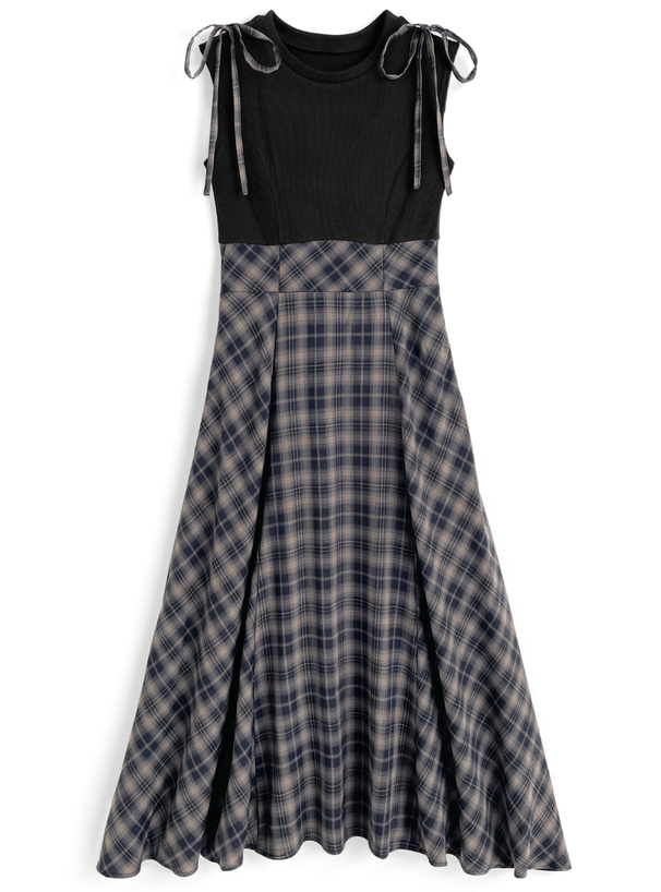 amerge. リボンショルダーチェックサーキュラーワンピース ribbon shoulder check circular onepiece(M BLACK): ワンピース