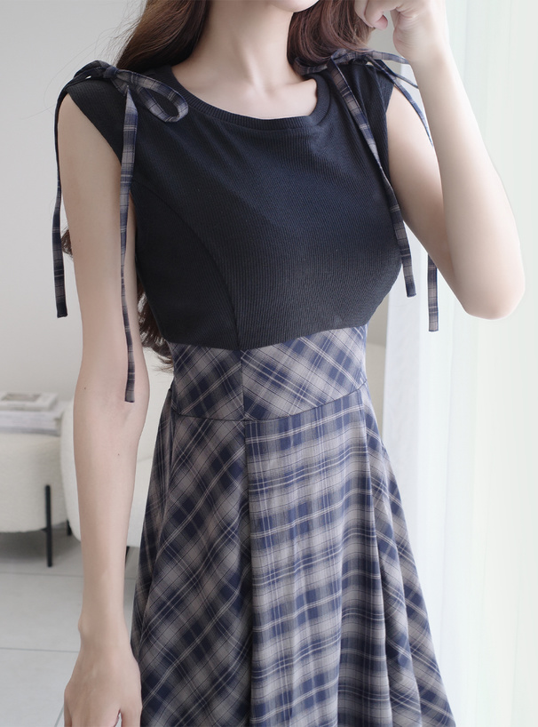 2Wayショルダーリボンチェック柄ドッキングワンピース