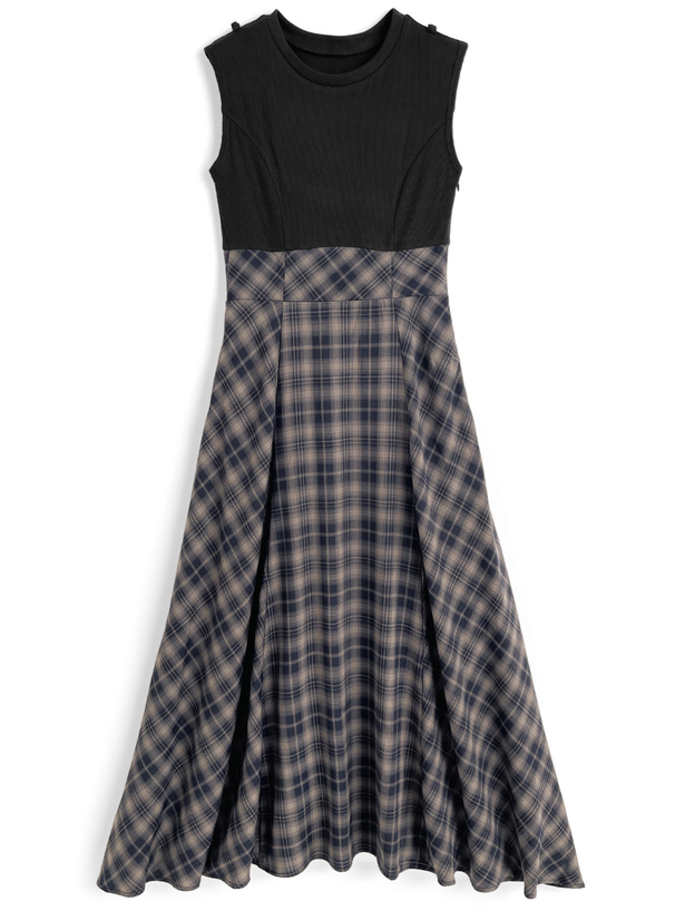 2Wayショルダーリボンチェック柄ドッキングワンピース