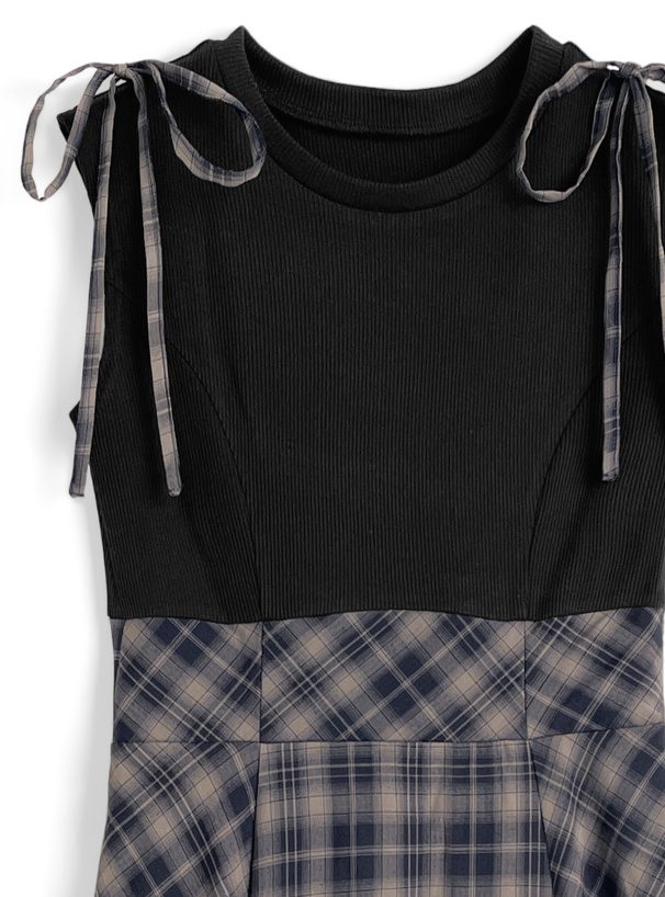 2Wayショルダーリボンチェック柄ドッキングワンピース