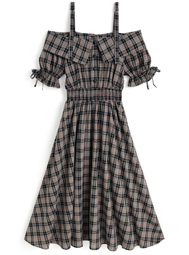チェック柄オフショルダーフレアロングワンピース[pu62]