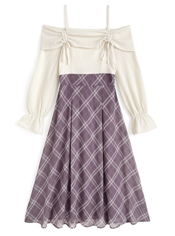 チェック柄ドッキングオフショルダーフレアワンピース[pu64