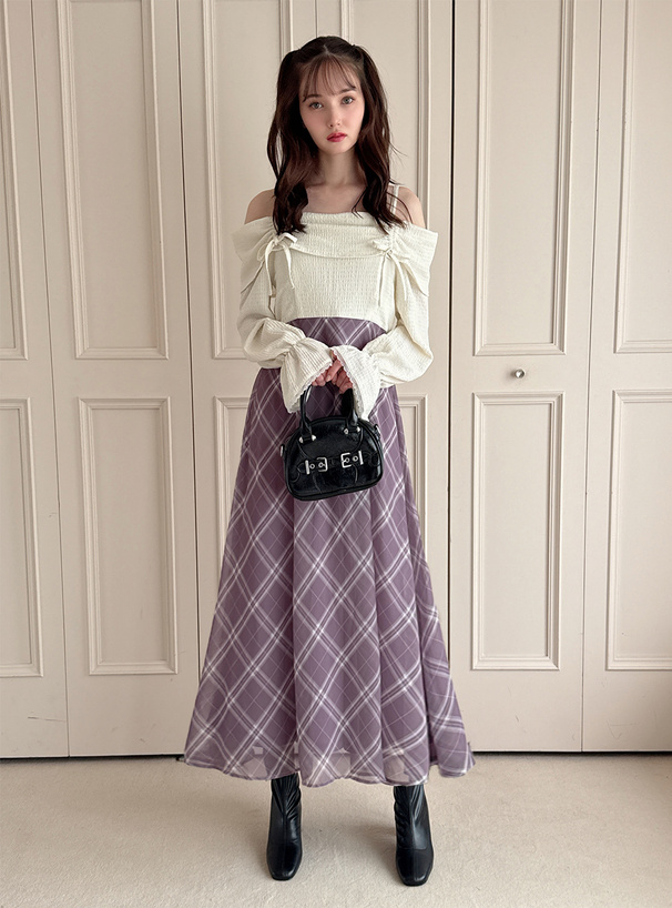 チェック柄ドッキングオフショルダーフレアワンピース[pu64