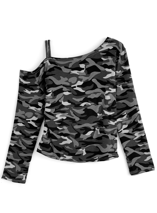 カモフラージュ柄ワンショルダードロストトップス