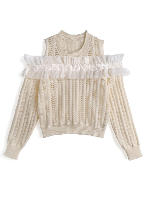 ショルダーオープンオーガンジーフリル透かし編みニットトップス[pu73]