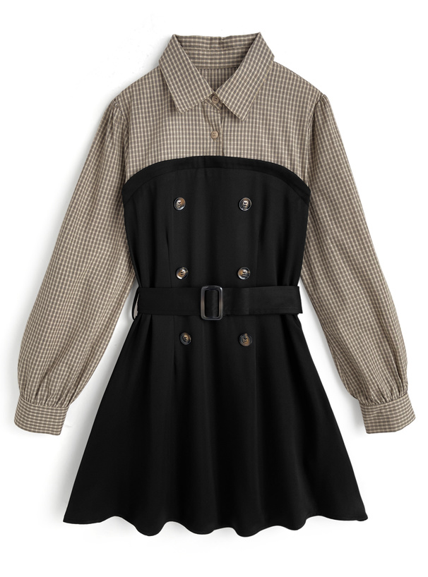 ベルト付きチェック柄シャツドッキングミニワンピース[pu75]
