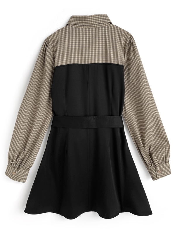 ベルト付きチェック柄シャツドッキングミニワンピース[pu75