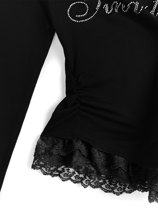 ワンショルダーリボンラインストーンロゴフリルトップス