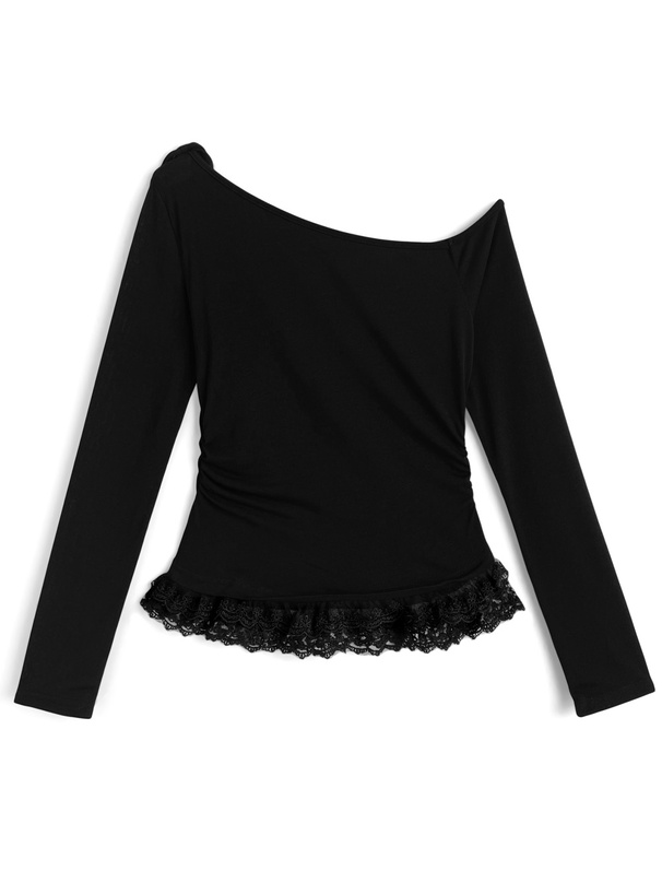 ワンショルダーリボンラインストーンロゴフリルトップス