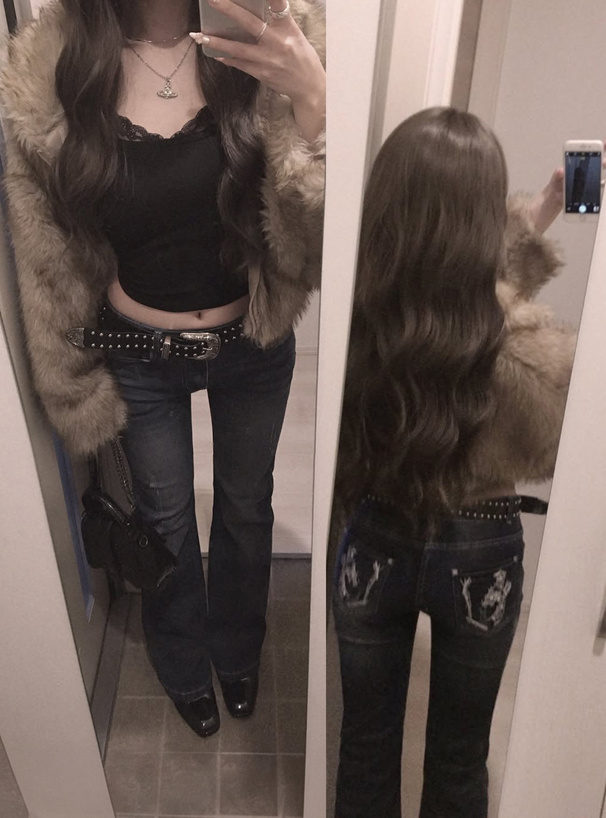 バック刺繍ローウエストデニムパンツ