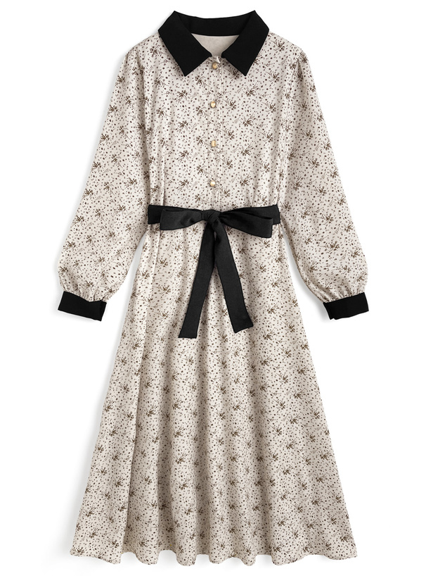 リボンベルト付き花柄配色ワンピース[pu84]