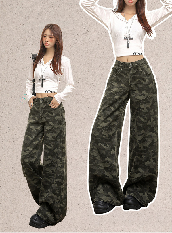 Deaile 迷彩柄 ワイドパンツ セール中 カモフラージュ柄ワイドパンツ