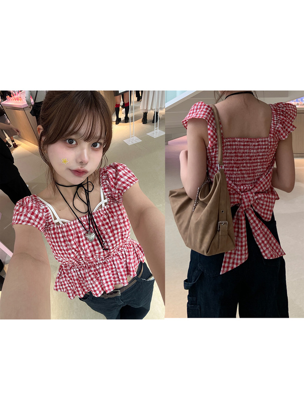 ギンガムチェック柄フラワー刺繍バックリボントップス